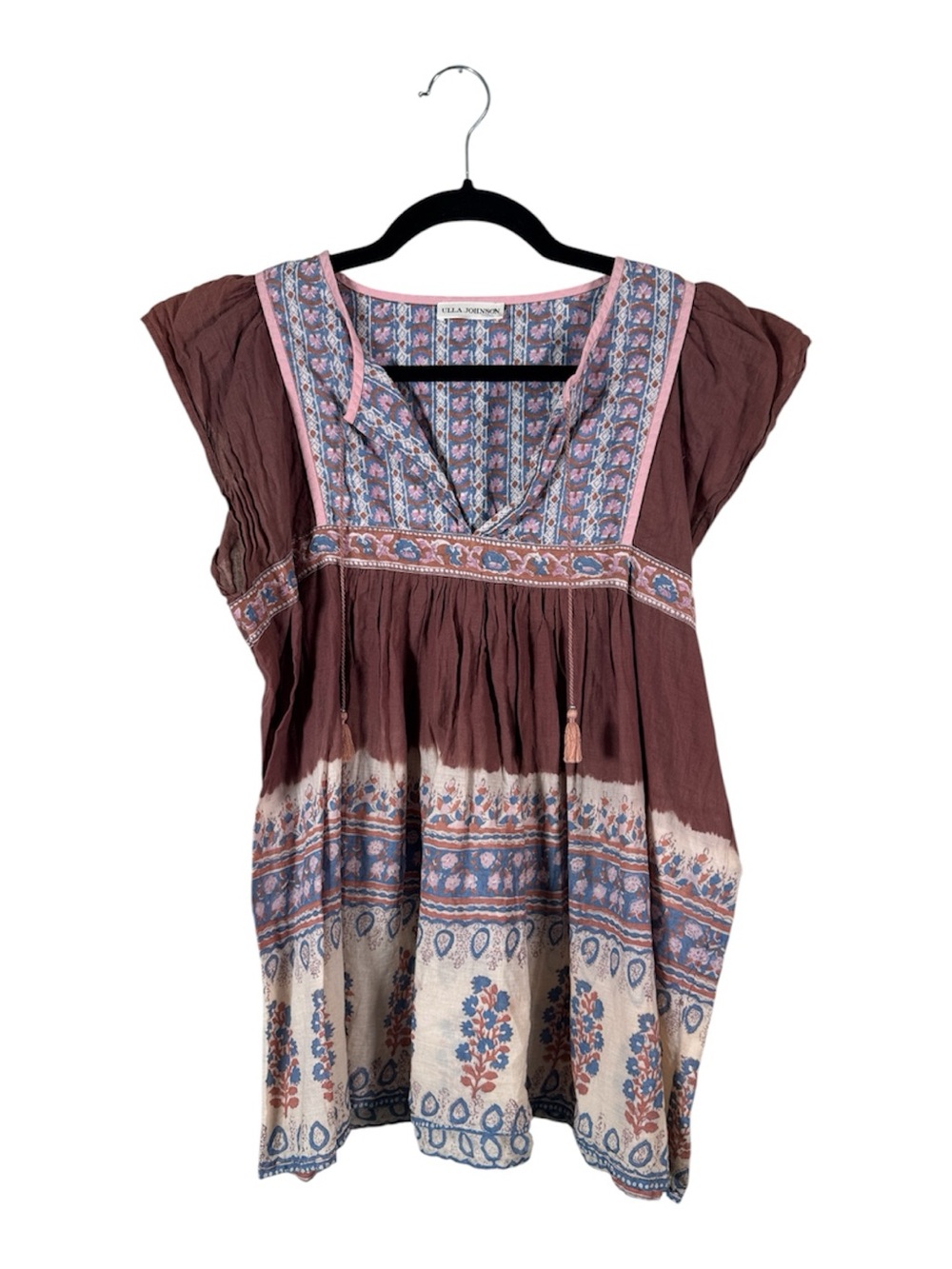 Ulla Johnson Mauve Brown and Blue Printed Cotton Peasant Blouse
